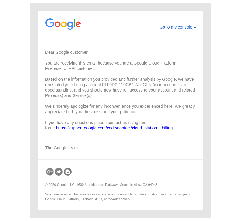Письмо компании «Google Cloud» на тему «Your Google Cloud and APIs billing account 01F0D0-110CB1-A15CF5 is in
 good standing at this time.»