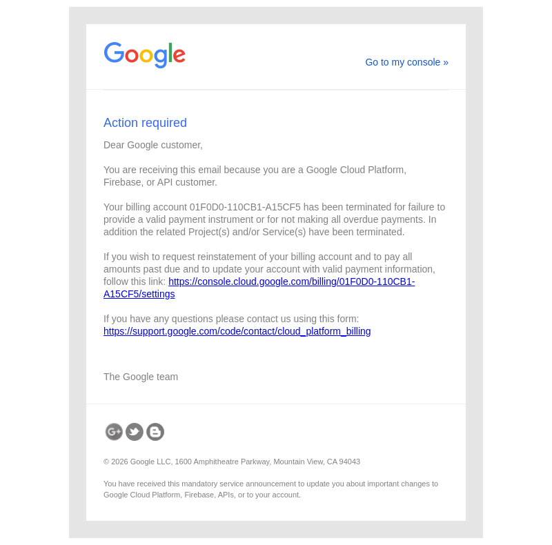 Письмо компании «Google Cloud» на тему «Urgent: your billing account 01F0D0-110CB1-A15CF5 has been terminated.»