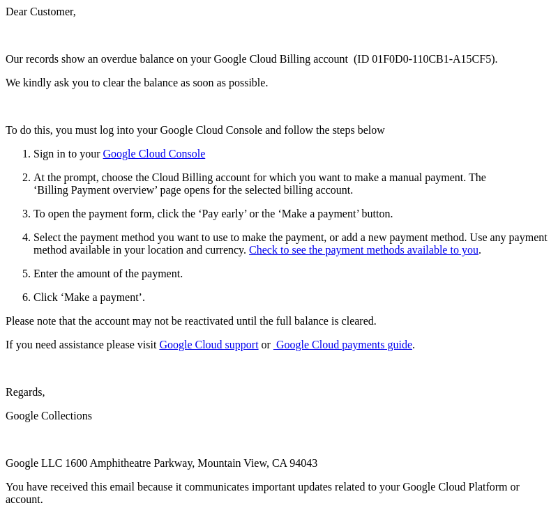 Письмо компании «Google Cloud» на тему «Underpayment on Google Cloud account (ID 01F0D0-110CB1-A15CF5)»