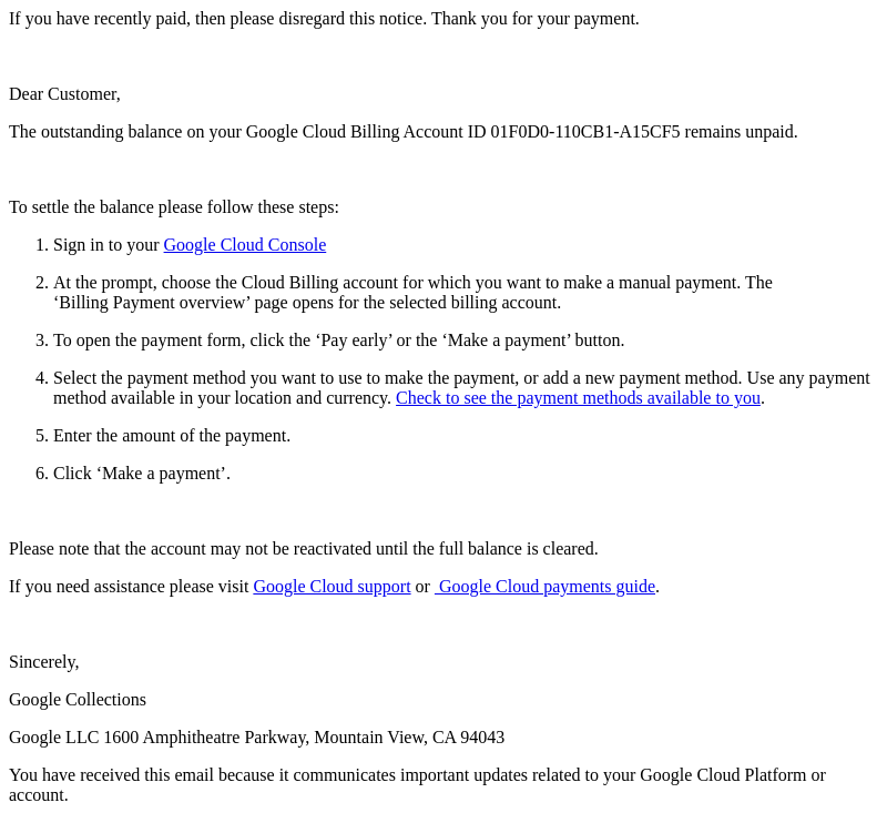 Письмо компании «Google Cloud» на тему «Google Cloud account (ID 01F0D0-110CB1-A15CF5) overdue - Action Required»