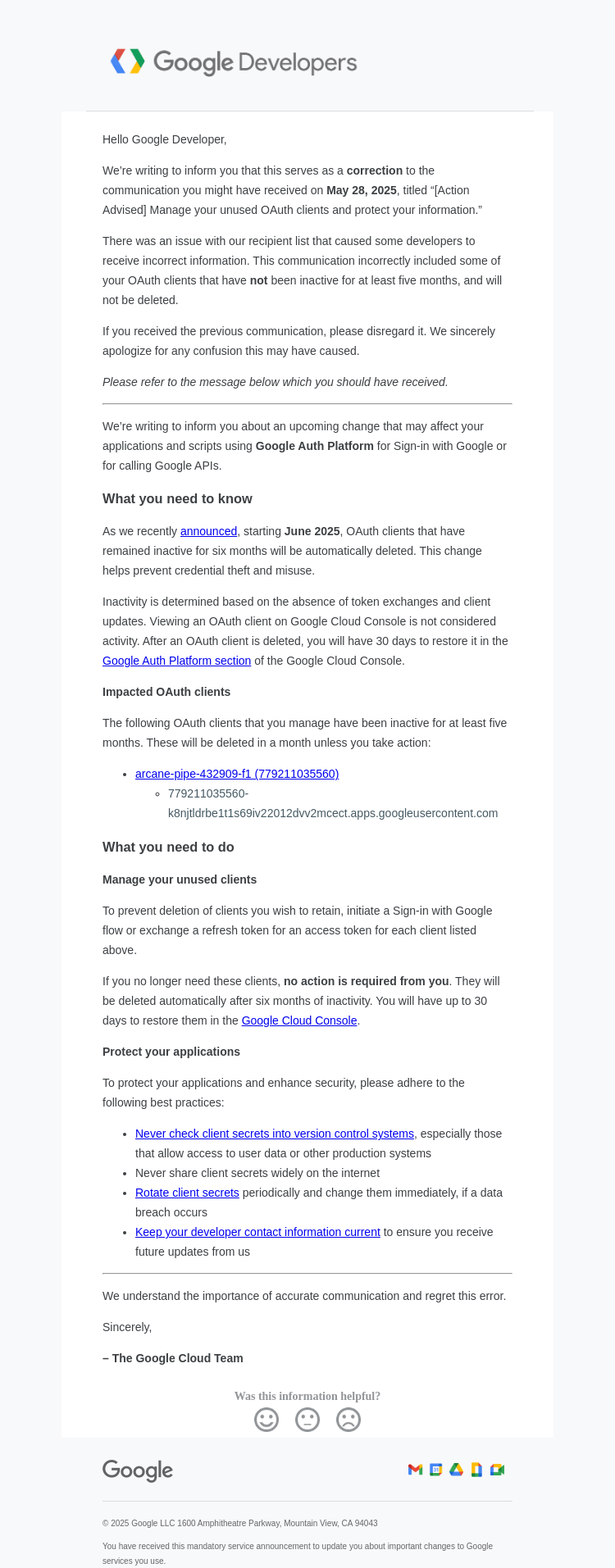 Письмо компании «Google Developers» на тему «[Correction] Updated list of your inactive OAuth clients list»