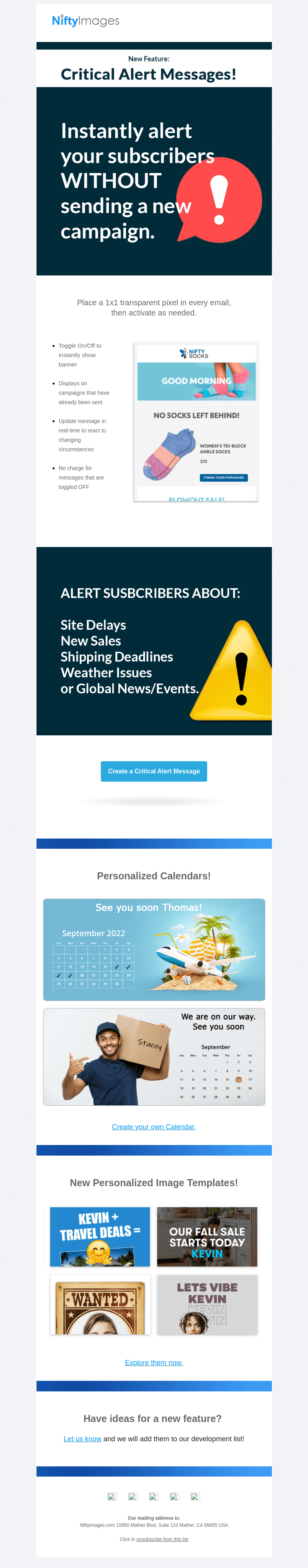 Письмо компании «NiftyImages» на тему «New Feature: Show Critical Alert Messages at any time»