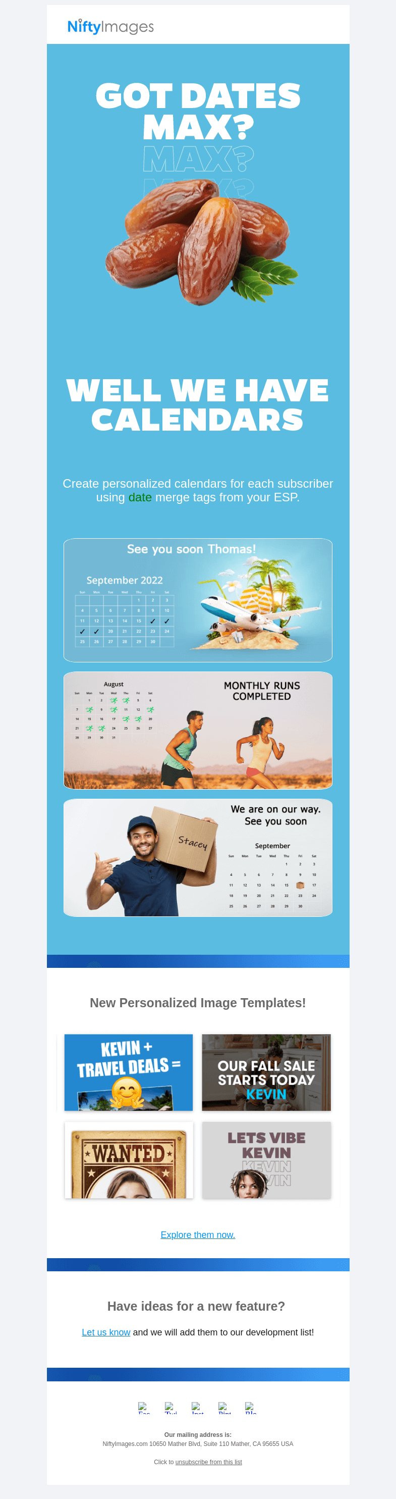 Письмо компании «NiftyImages» на тему «Create personalized Calendars for your triggered emails.»