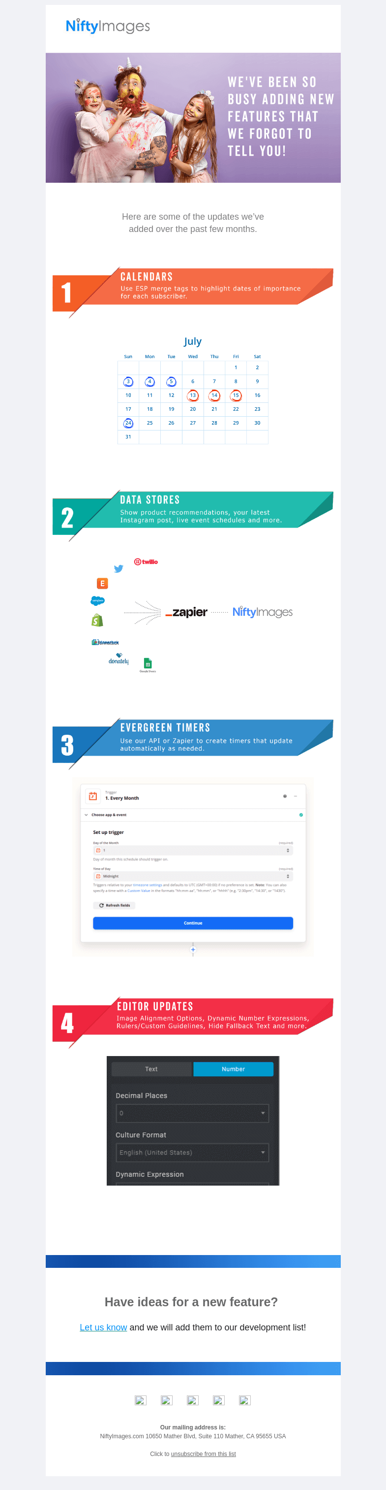 Письмо компании «NiftyImages» на тему «New Features: Dynamic Calendars, Data Stores and more!»