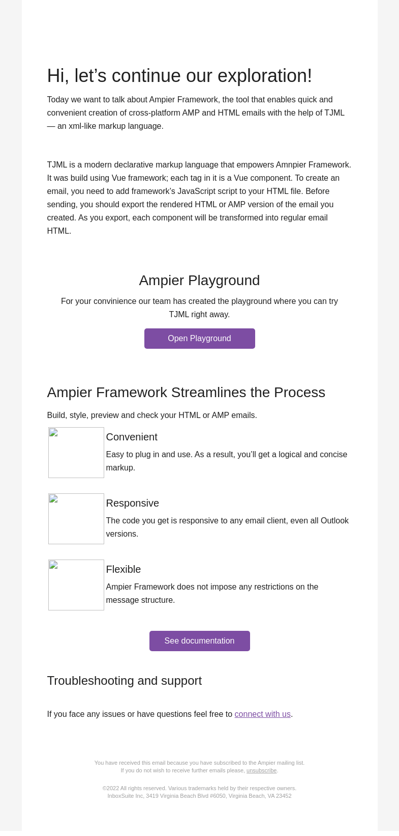 Письмо компании «Ampier» на тему «Built by devs for devs who create emails on a daily basis»