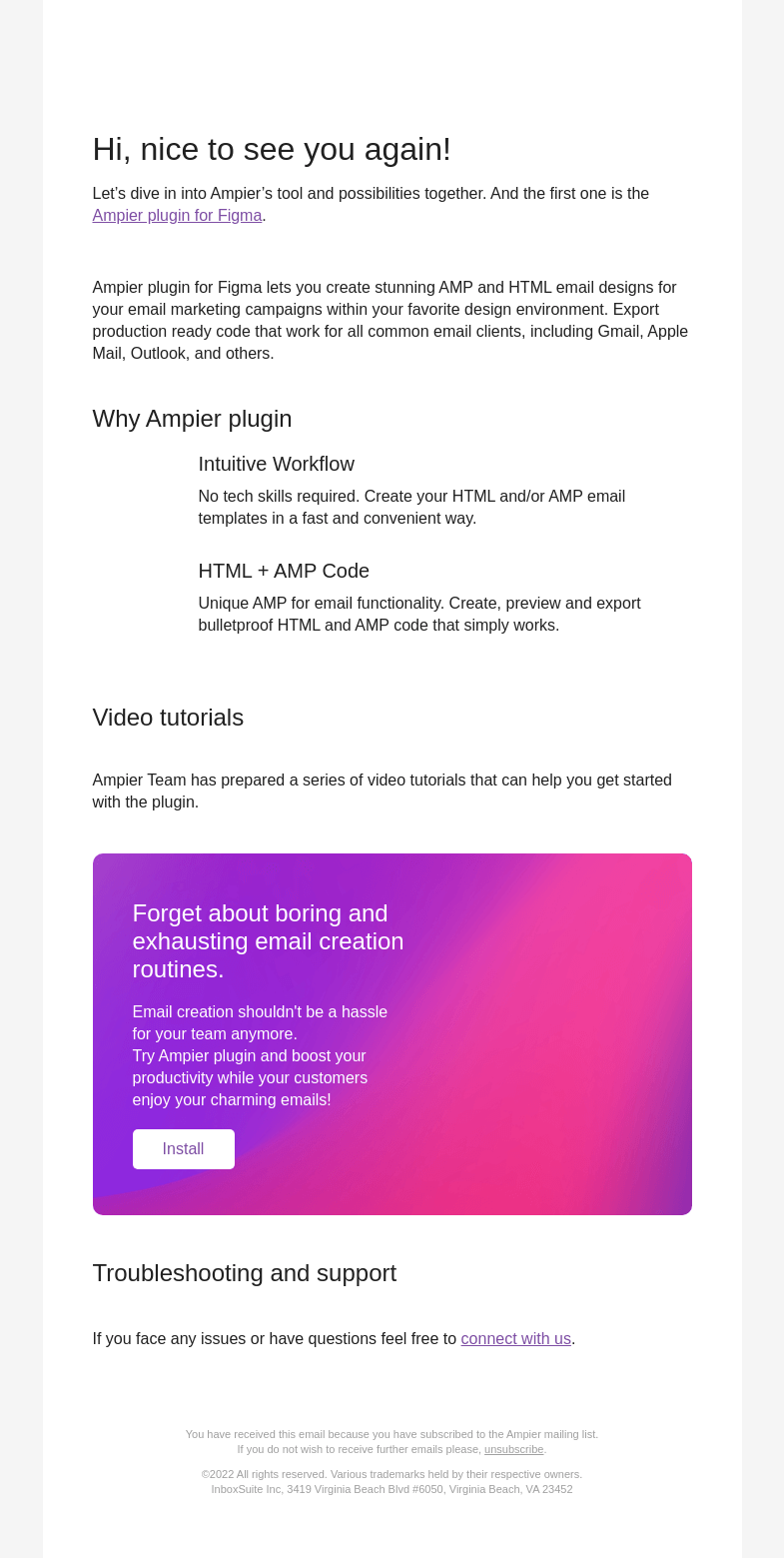 Письмо компании «Ampier» на тему «Design jaw-dropping emails and export your code without knocking
 the devs' door»