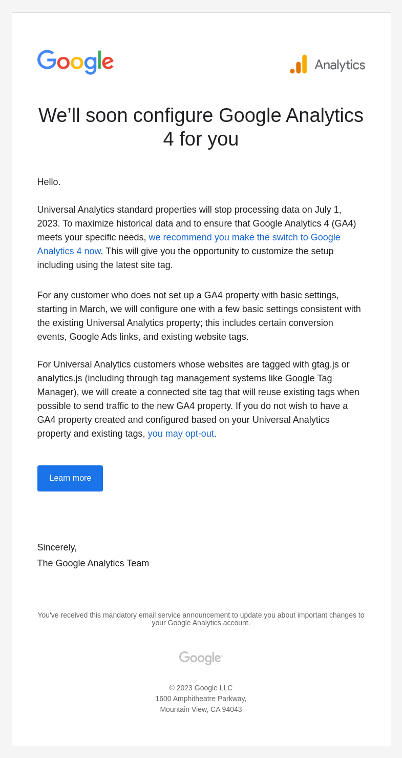 Письмо компании «Google Analytics» на тему «We’ll soon configure Google Analytics 4 for you»