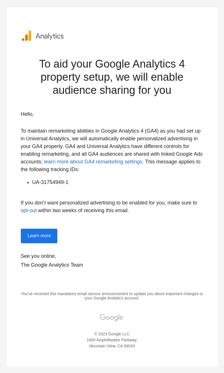 Письмо компании «Google Analytics» на тему «Migrating your remarketing settings from Universal Analytics to GA4»