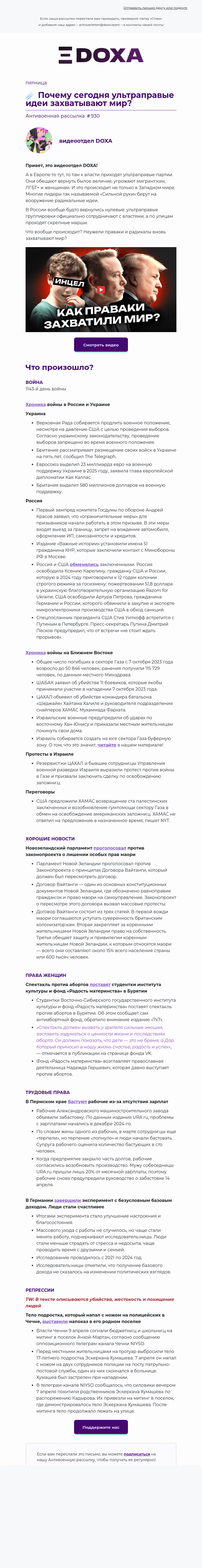 Письмо компании «DOXA» на тему «☄️ Почему сегодня ультраправые идеи захватывают мир?»