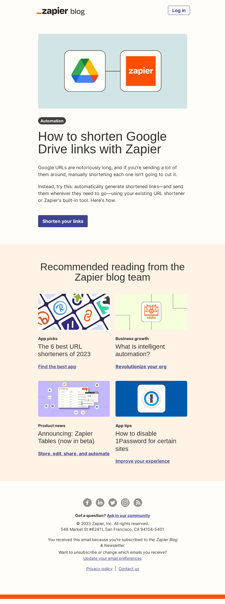 Письмо компании «Zapier» на тему «Shorten Google Drive links»