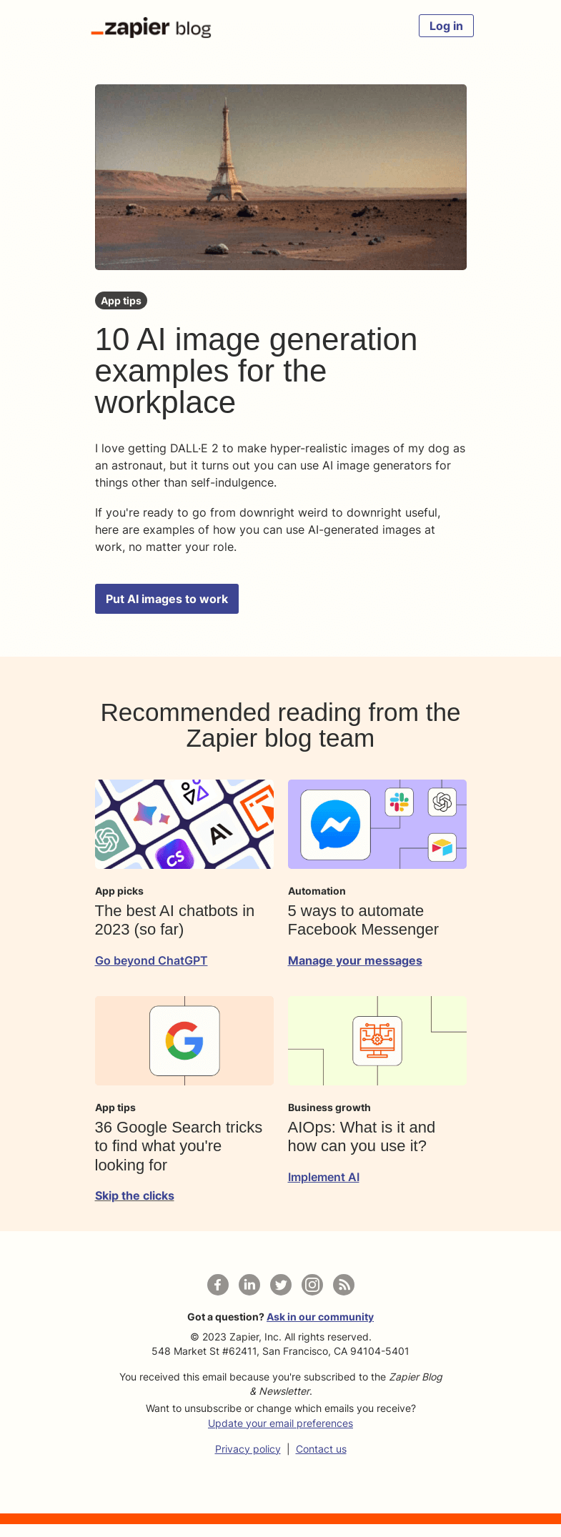Письмо компании «Zapier» на тему «Put AI image generation to work»