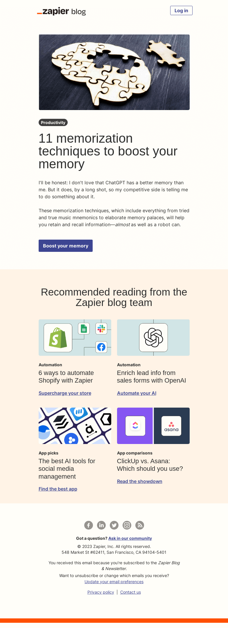 Письмо компании «Zapier» на тему «Boost your memory»
