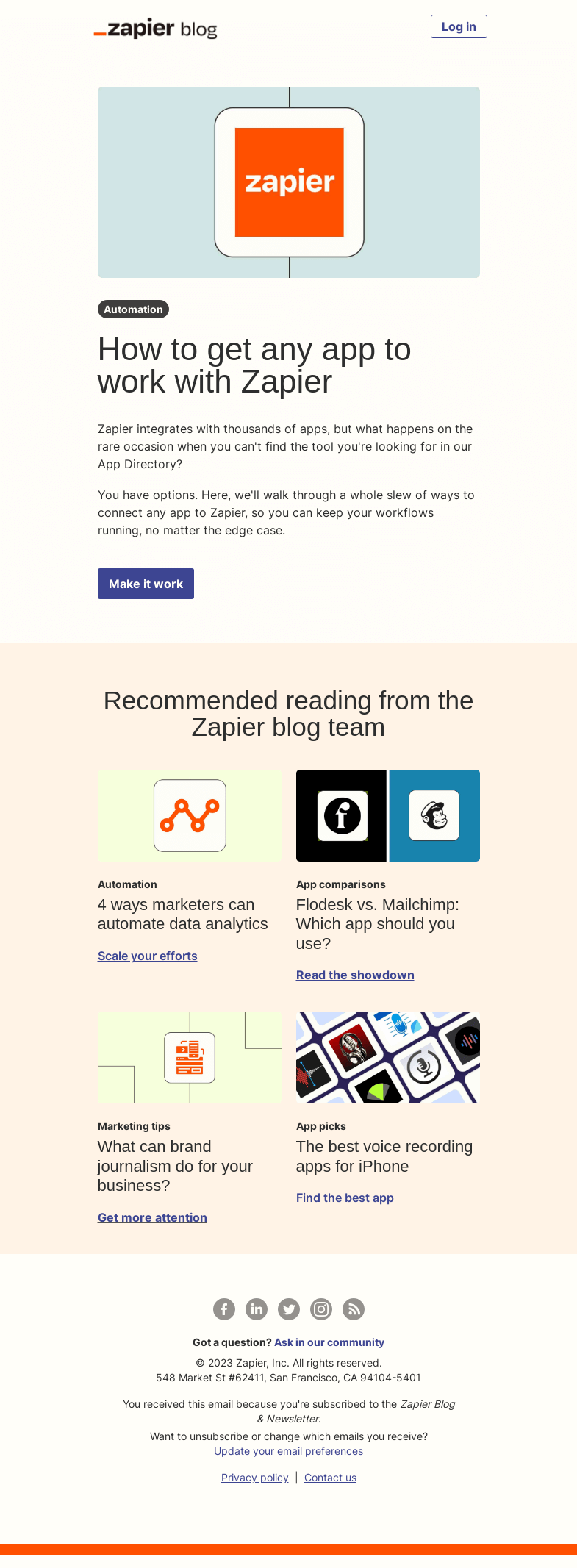 Письмо компании «Zapier» на тему «Get any app to work with Zapier»