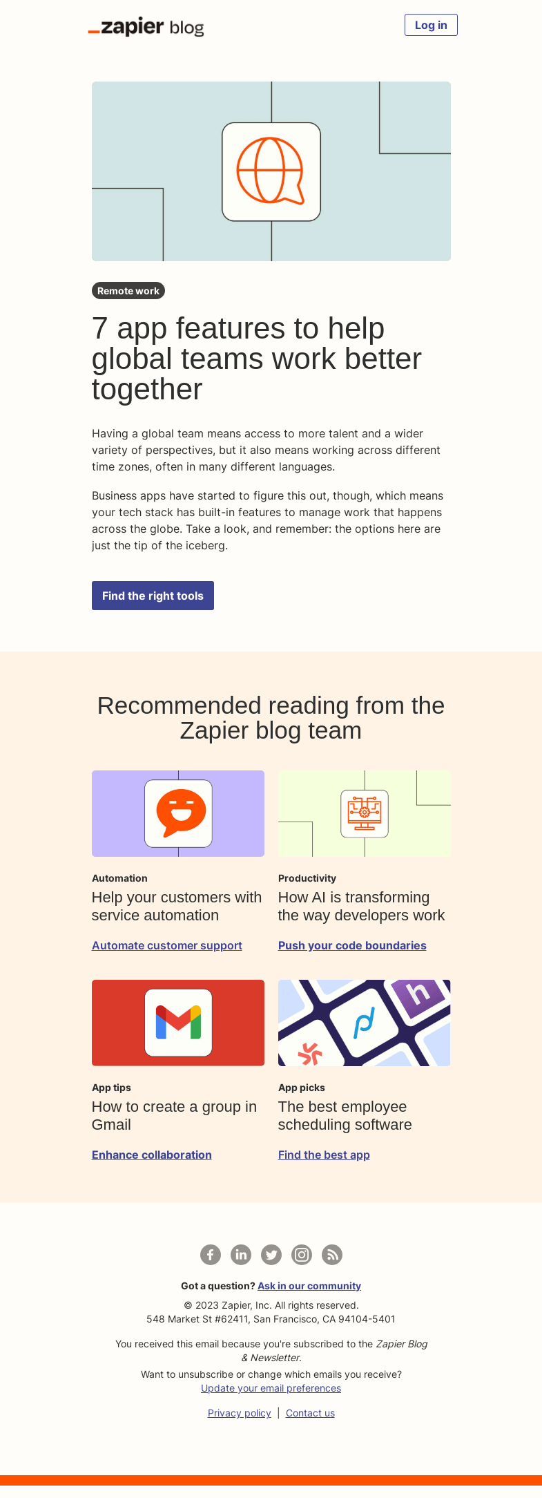 Письмо компании «Zapier» на тему «Connect your global team»