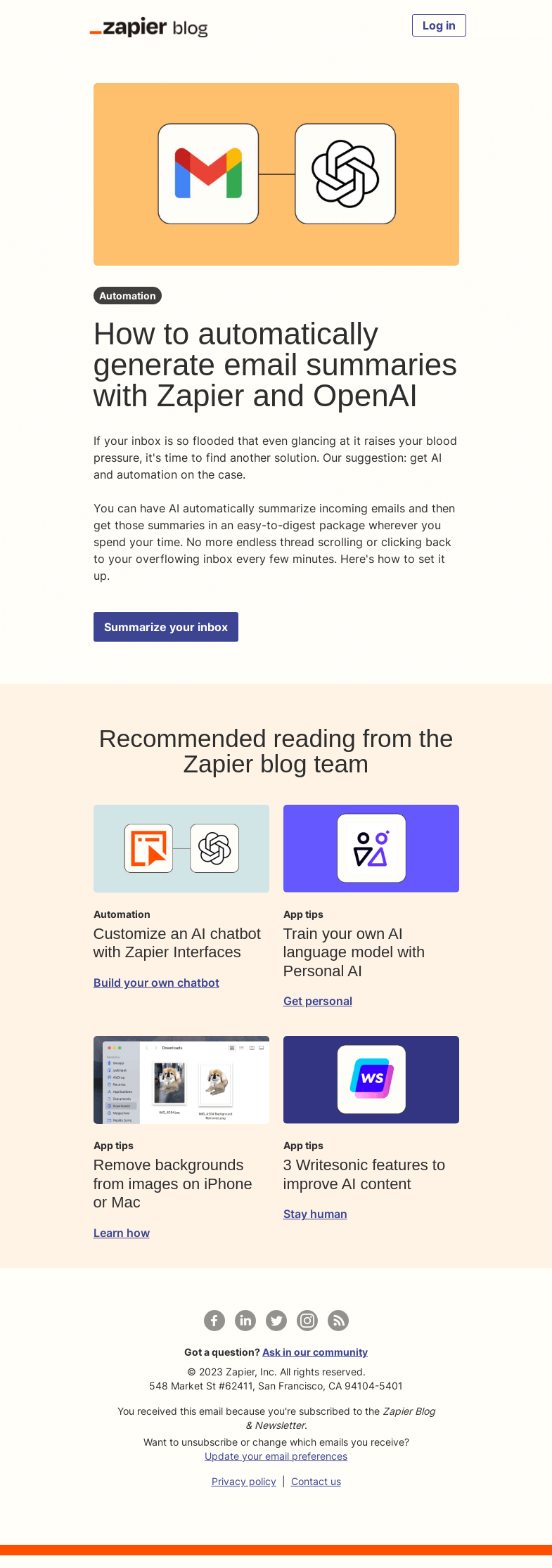 Письмо компании «Zapier» на тему «Summarize your inbox with AI»
