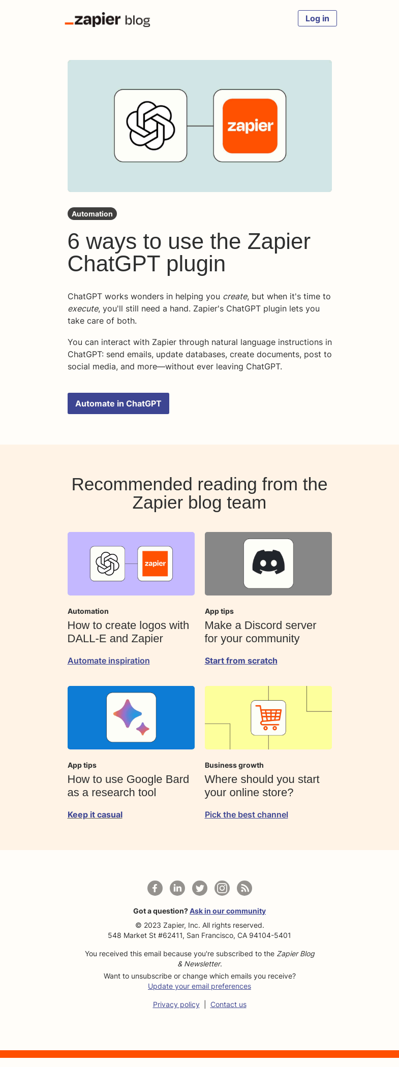 Письмо компании «Zapier» на тему «Automate tasks from inside ChatGPT»