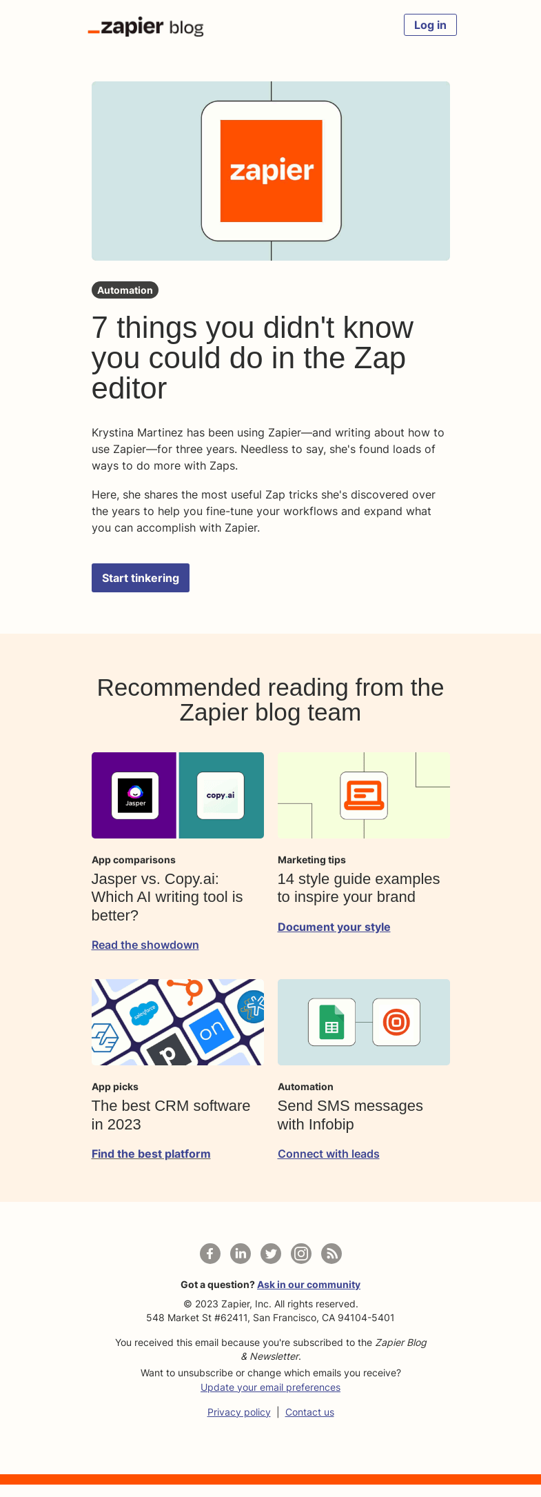 Письмо компании «Zapier» на тему «Fine-tune your workflows»
