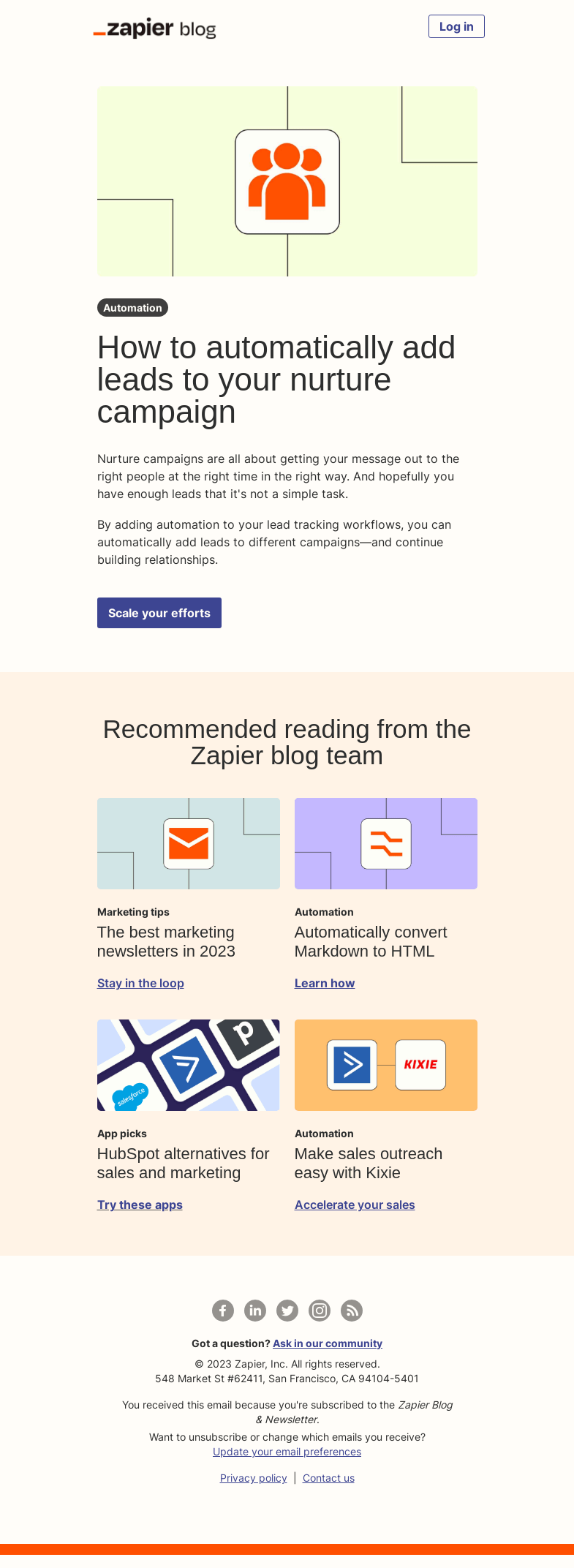 Письмо компании «Zapier» на тему «Automate your nurture campaigns»