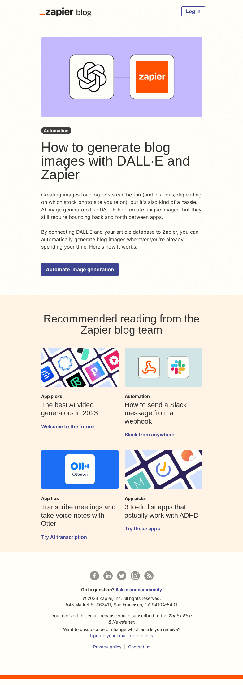 Письмо компании «Zapier» на тему «Automatically generate blog images with DALL-E and Zapier»