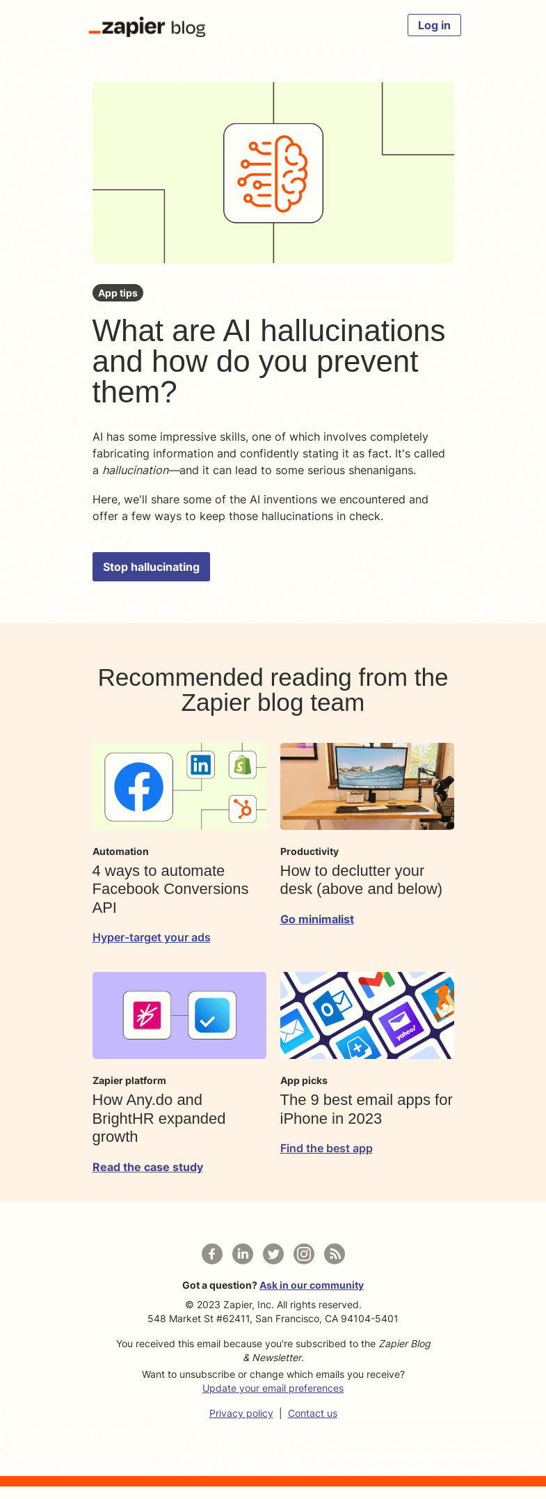 Письмо компании «Zapier» на тему «How to control AI hallucinations»