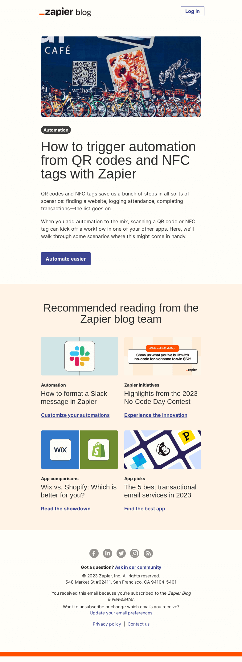 Письмо компании «Zapier» на тему «Automate from QR codes and NFC tags»