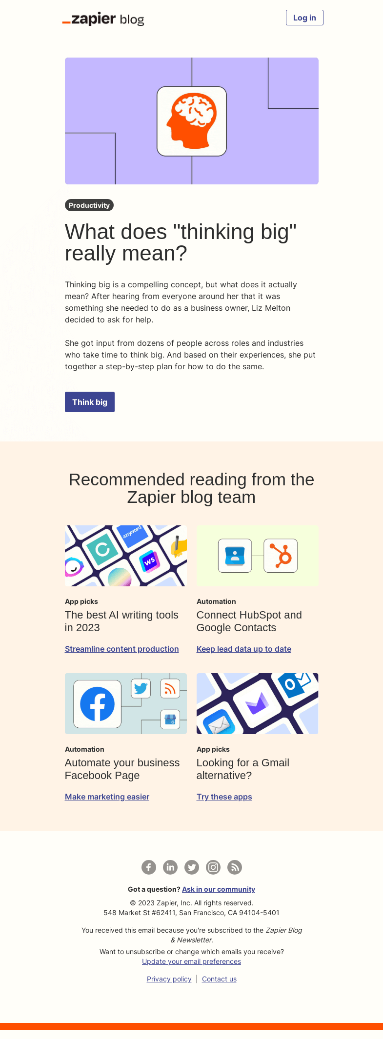 Письмо компании «Zapier» на тему «Think big»