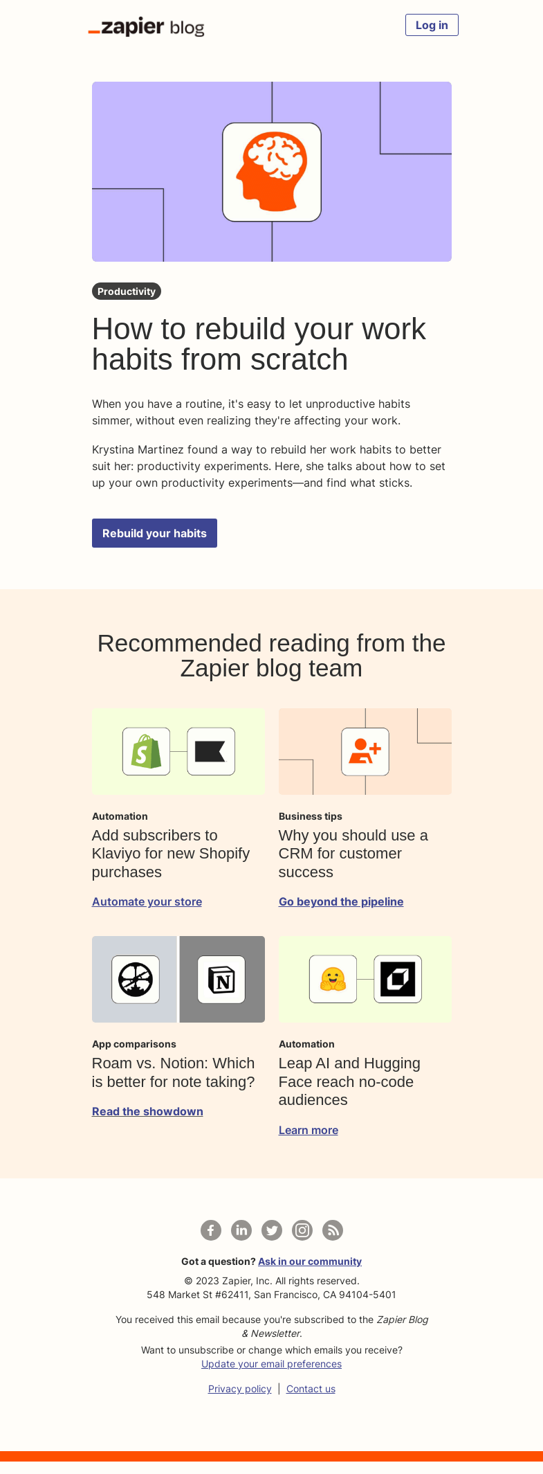 Письмо компании «Zapier» на тему «Rebuild your work habits»