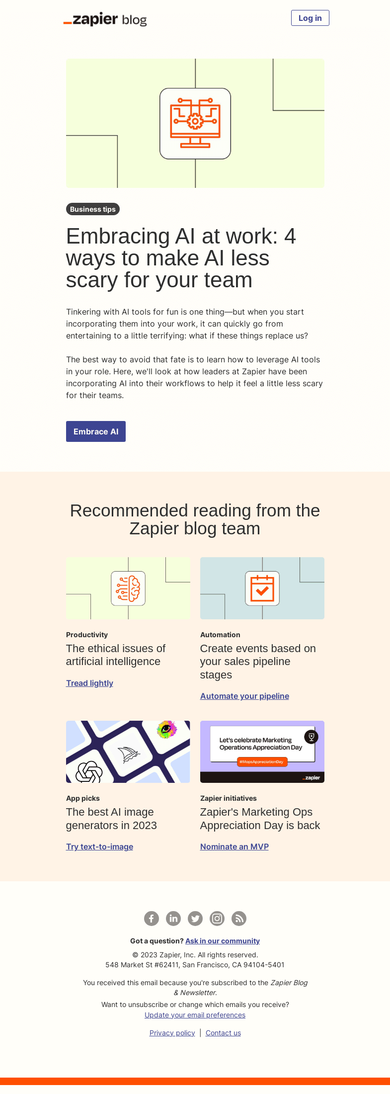 Письмо компании «Zapier» на тему «How to make AI less scary»