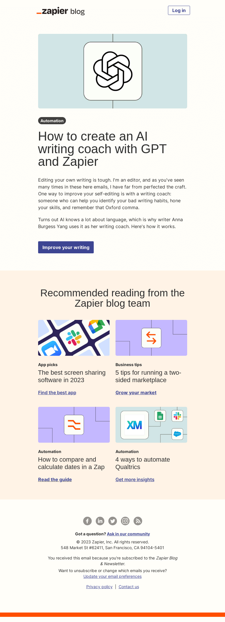 Письмо компании «Zapier» на тему «Create an AI writing coach»