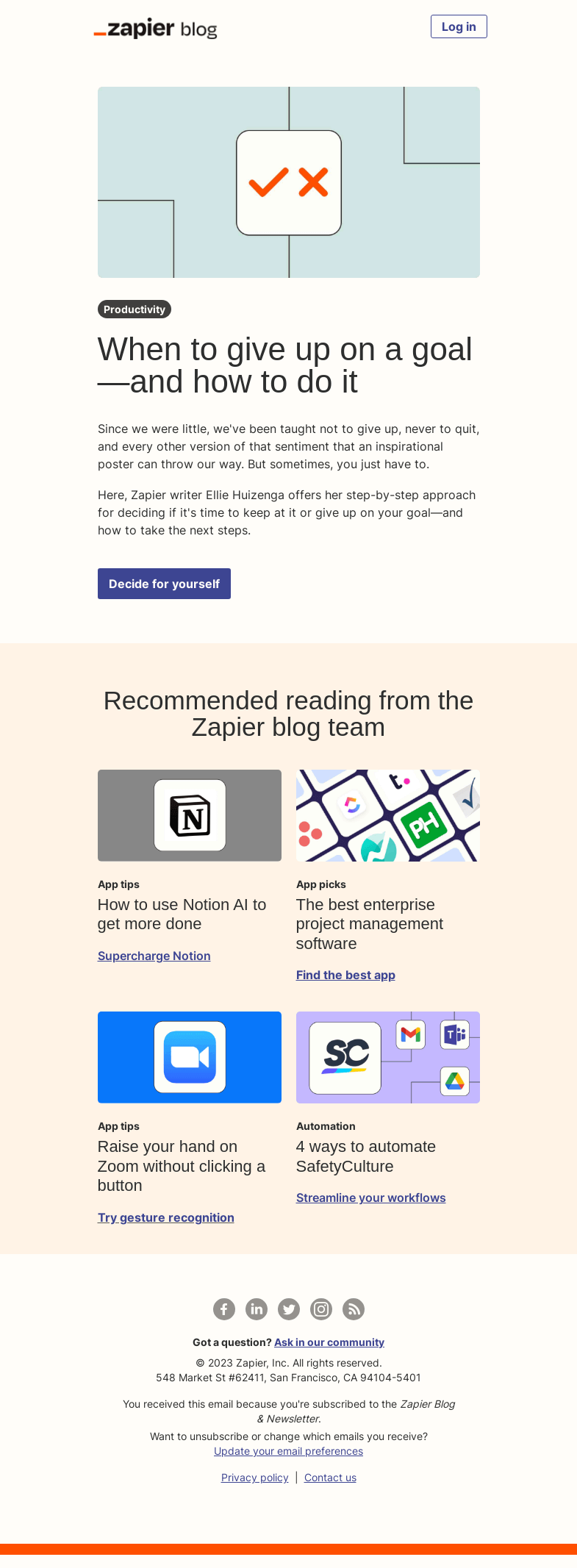 Письмо компании «Zapier» на тему «When to give up on a goal»