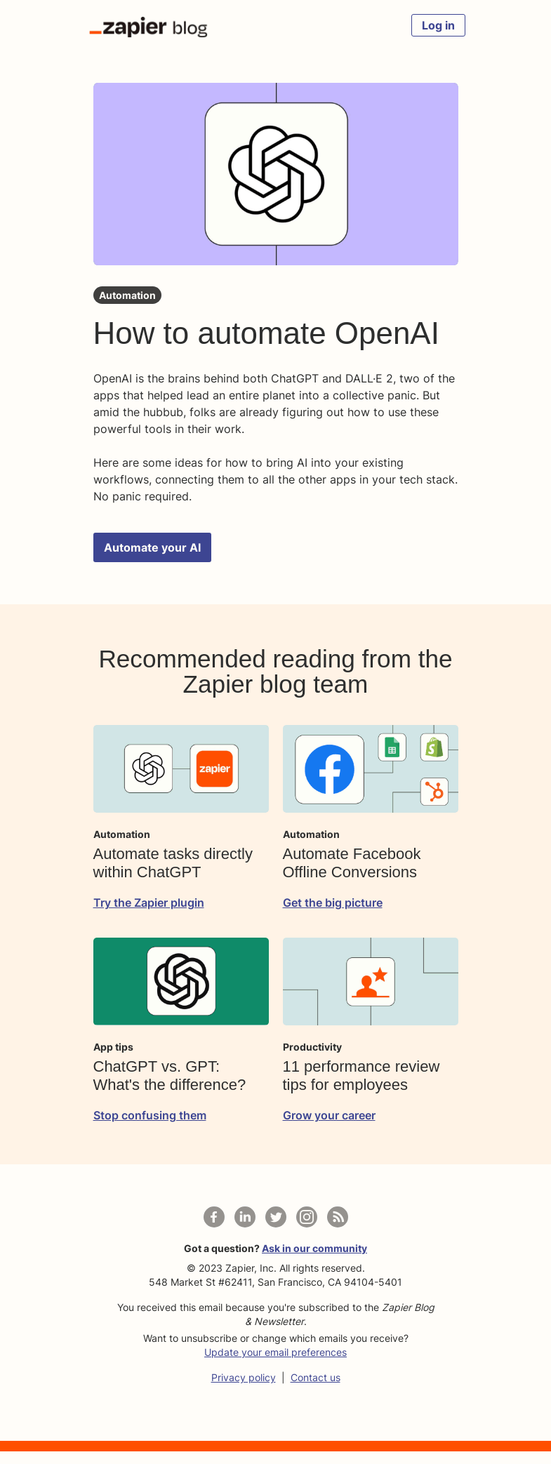 Письмо компании «Zapier» на тему «How to automate OpenAI»
