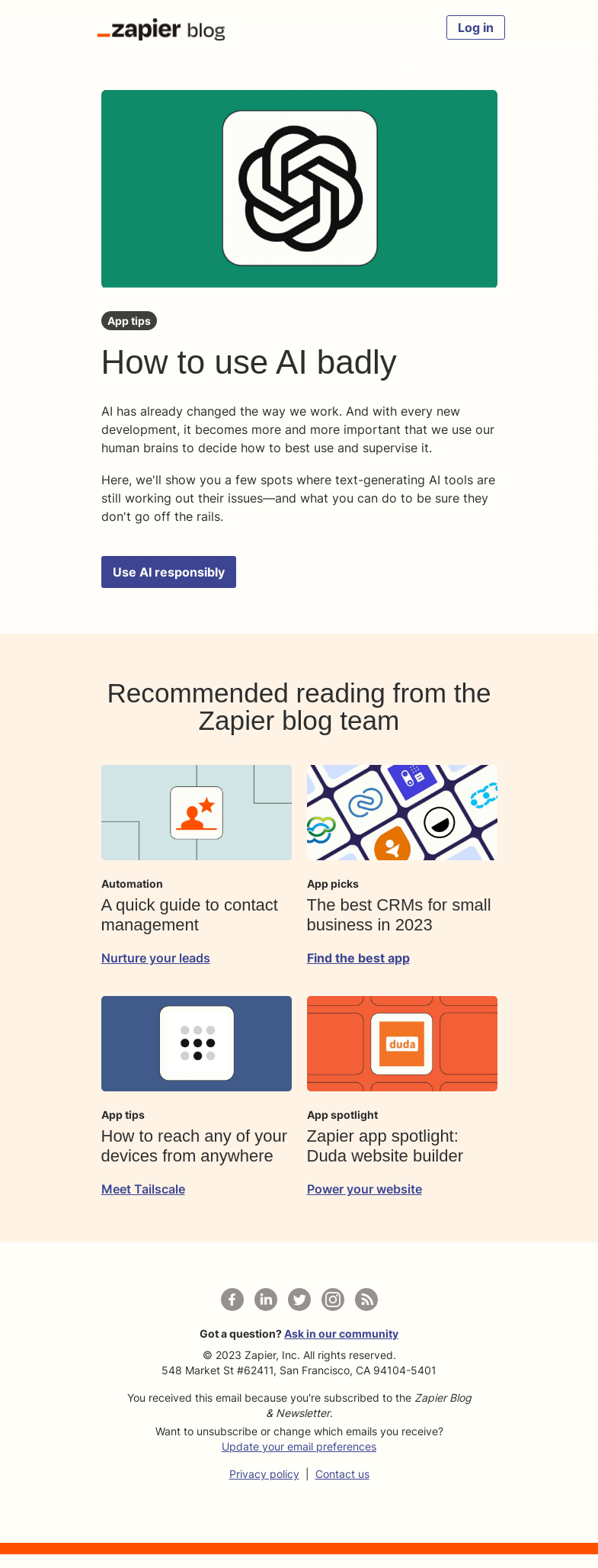 Письмо компании «Zapier» на тему «How to use AI badly»