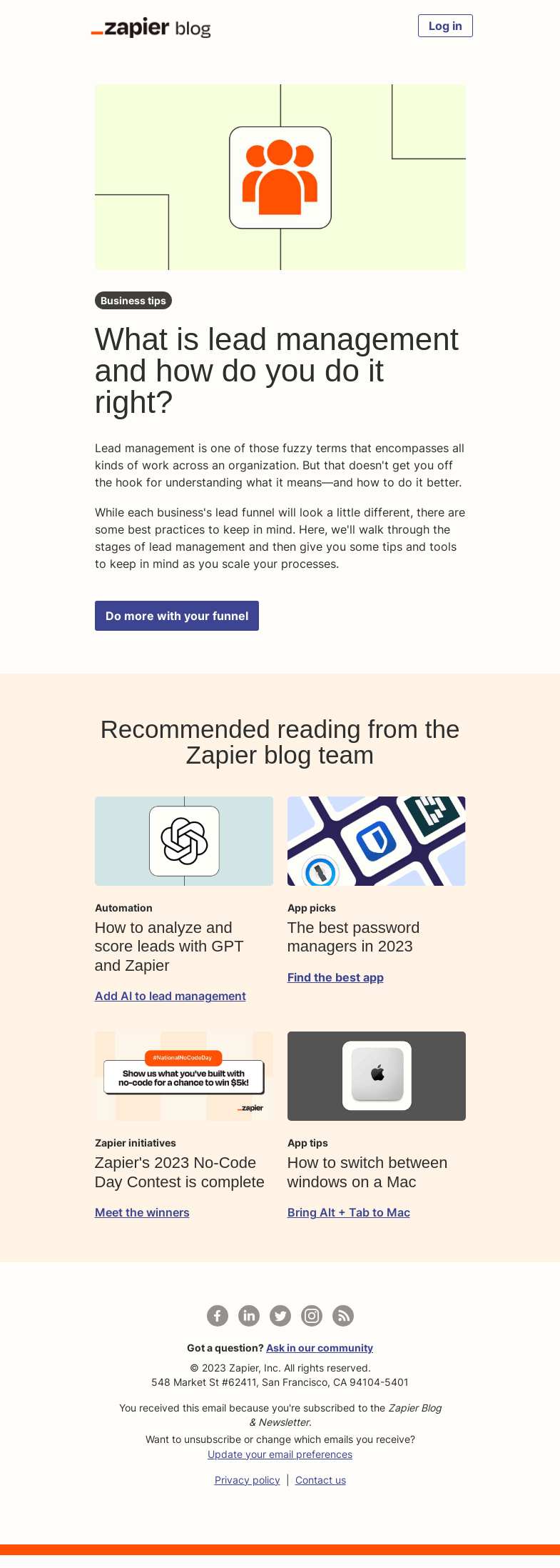 Письмо компании «Zapier» на тему «Upgrade your lead management»