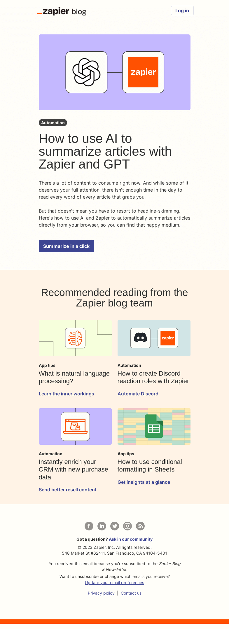 Письмо компании «Zapier» на тему «Summarize articles with AI»