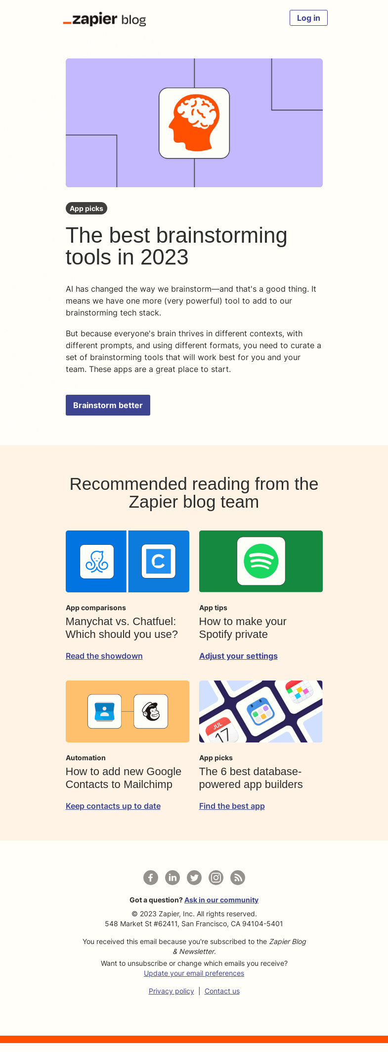 Письмо компании «Zapier» на тему «The best brainstorming tools in 2023»