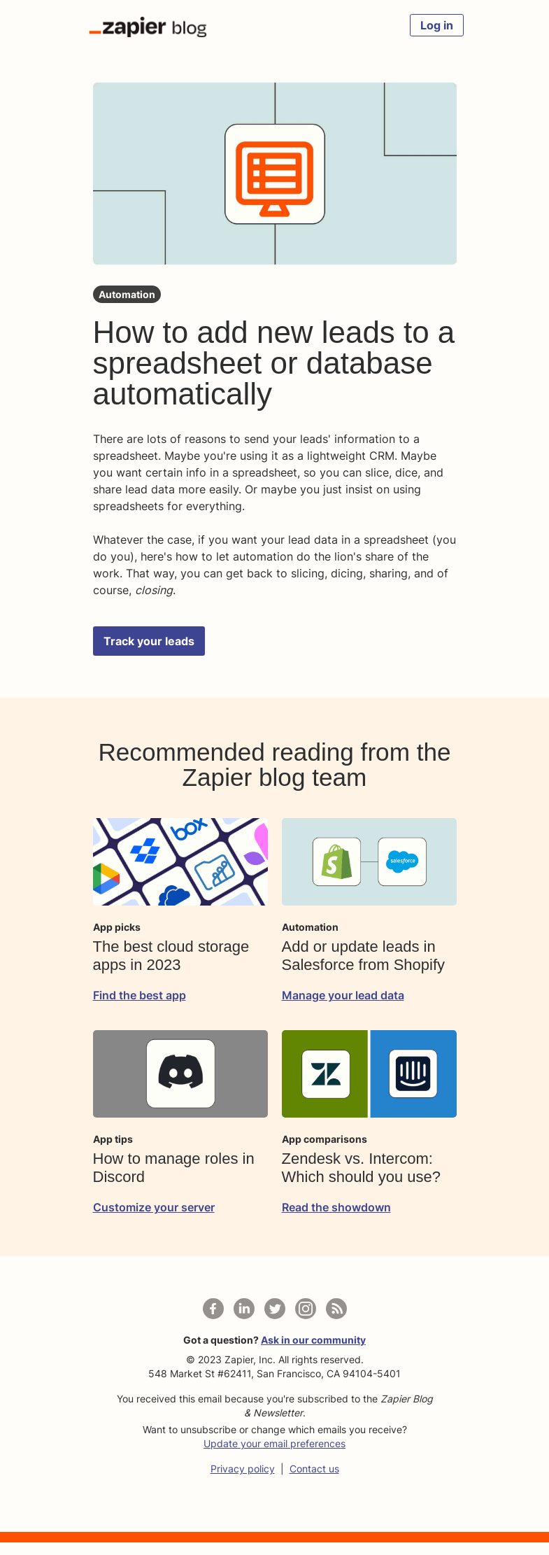 Письмо компании «Zapier» на тему «Track your leads»