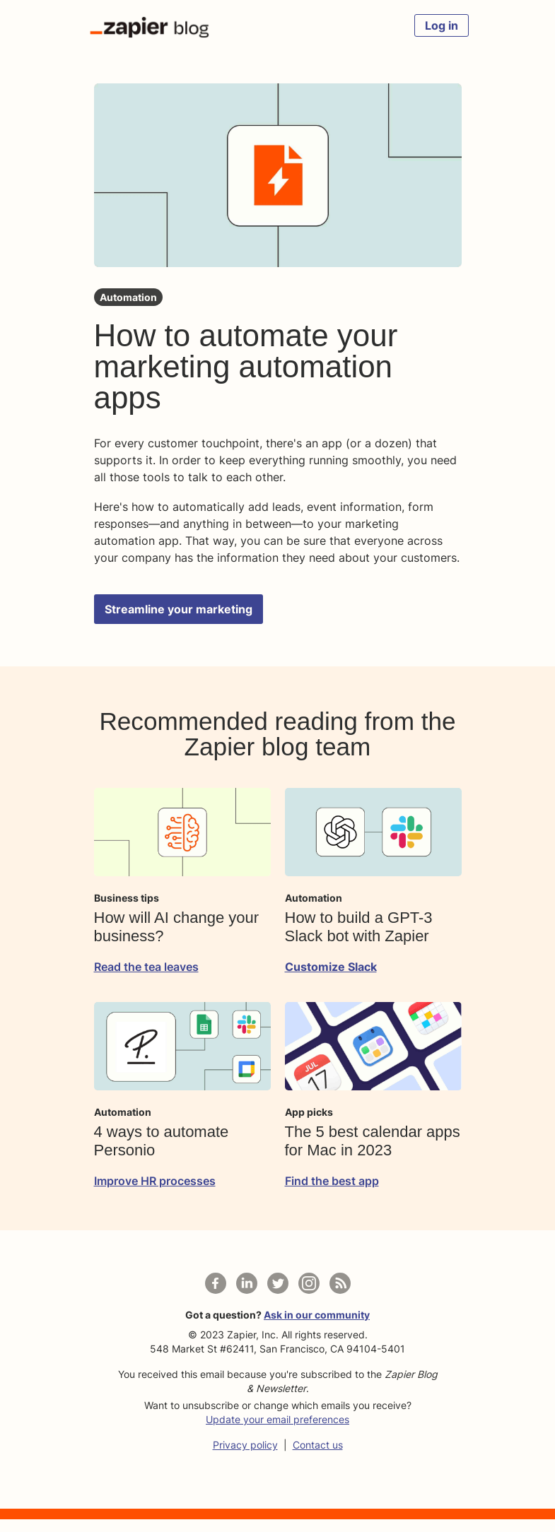 Письмо компании «Zapier» на тему «Automate your marketing automation apps»