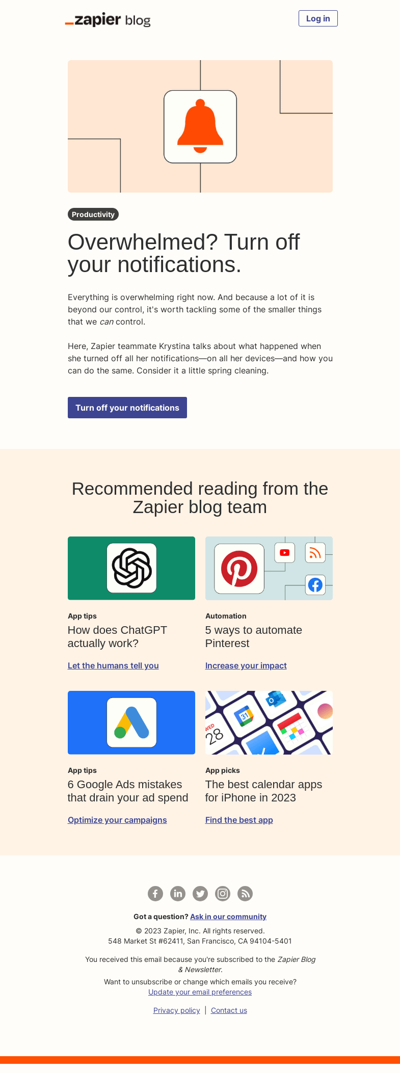 Письмо компании «Zapier» на тему «Overwhelmed? Turn off your notifications.»