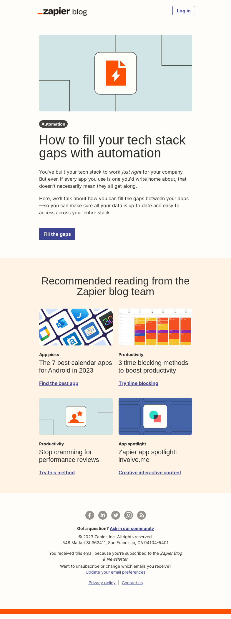 Письмо компании «Zapier» на тему «Fill your tech stack gaps with automation»