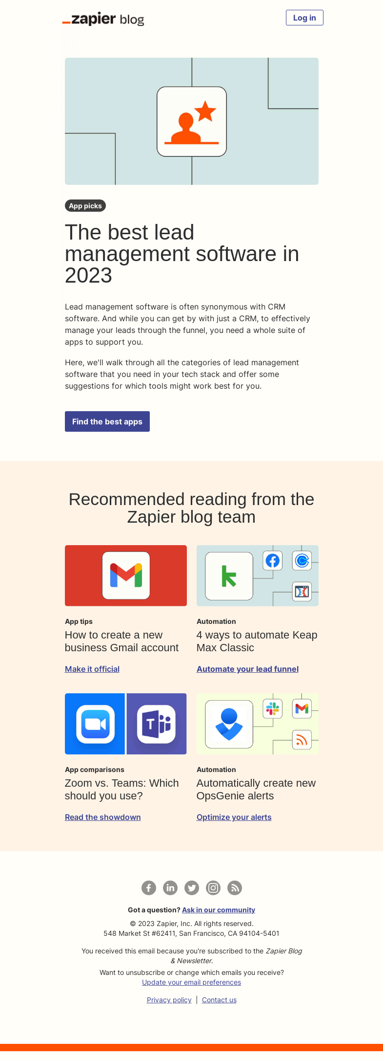 Письмо компании «Zapier» на тему «The best lead management software»