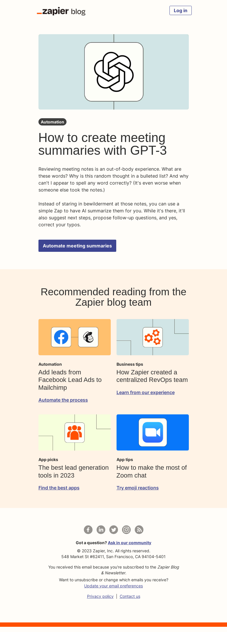 Письмо компании «Zapier» на тему «Automatically create meeting summaries»