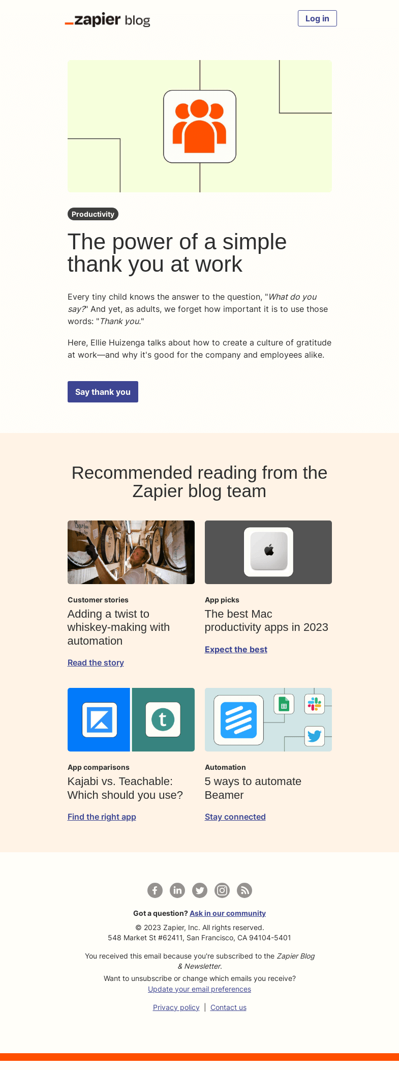 Письмо компании «Zapier» на тему «The power of a simple thank you at work»