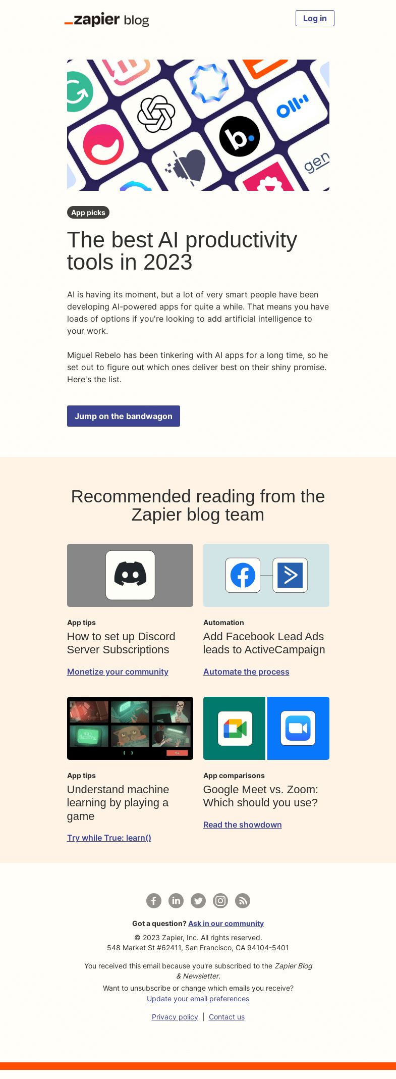 Письмо компании «Zapier» на тему «The best AI productivity tools in 2023»