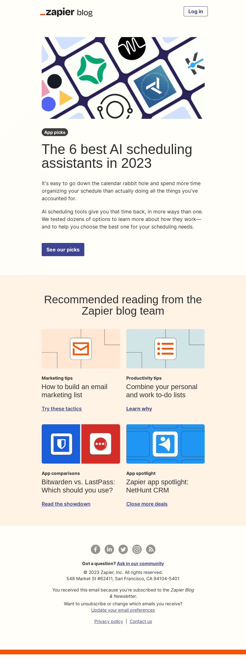 Письмо компании «Zapier» на тему «The best AI scheduling assistants in 2023»