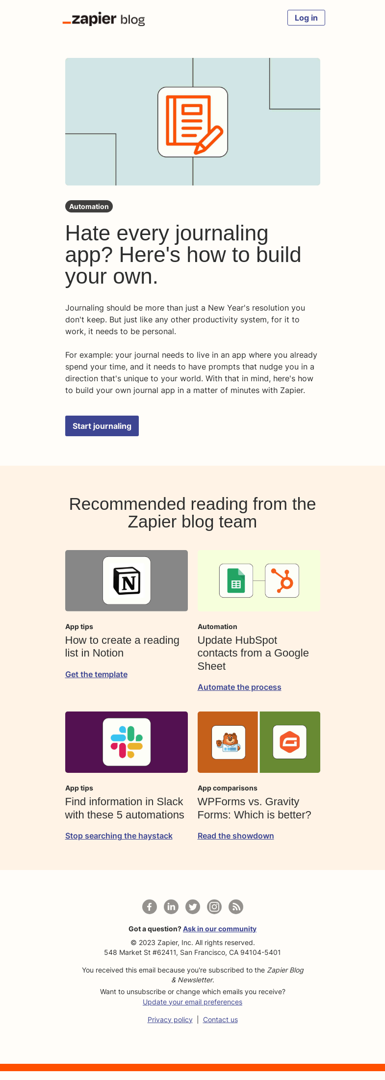 Письмо компании «Zapier» на тему «Hate every journaling app? Build your own.»