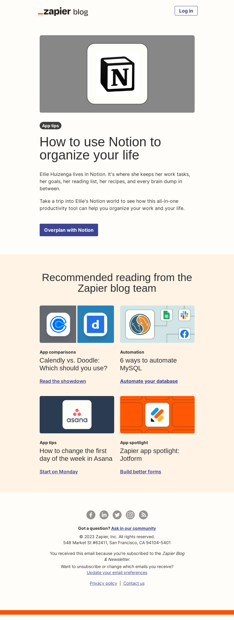 Письмо компании «Zapier» на тему «Use Notion to organize your life»