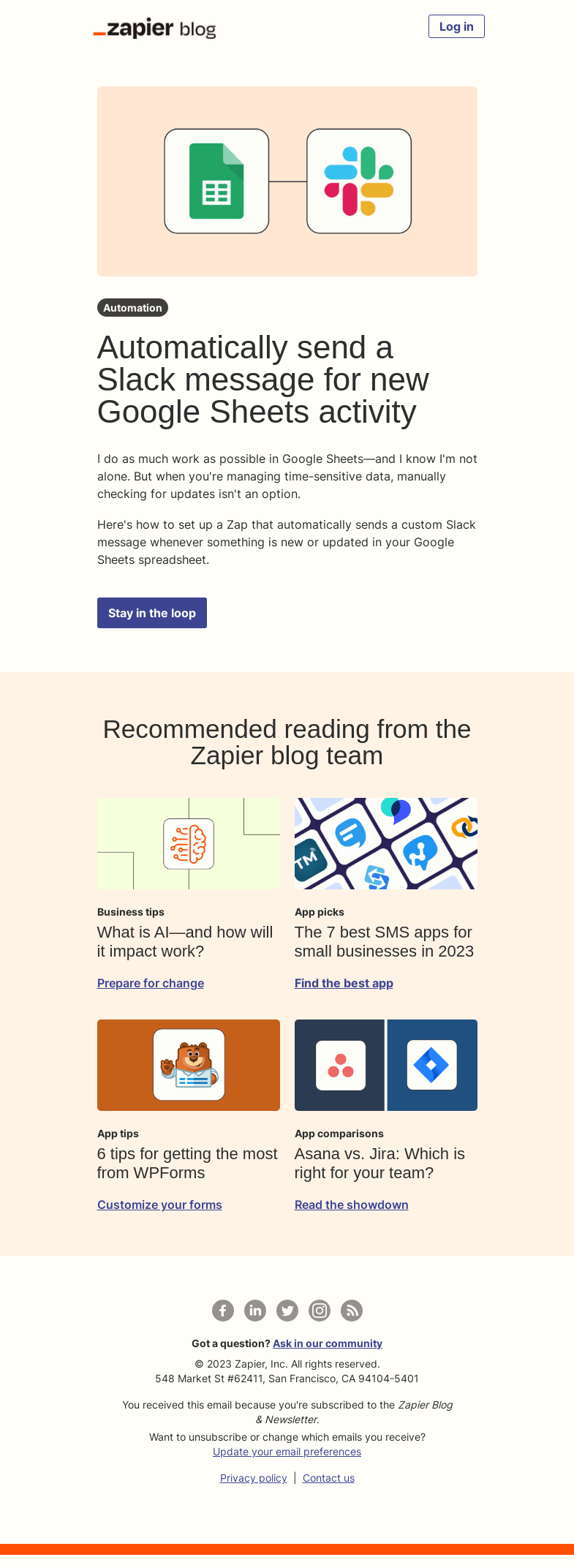 Письмо компании «Zapier» на тему «Get spreadsheet updates in real time»