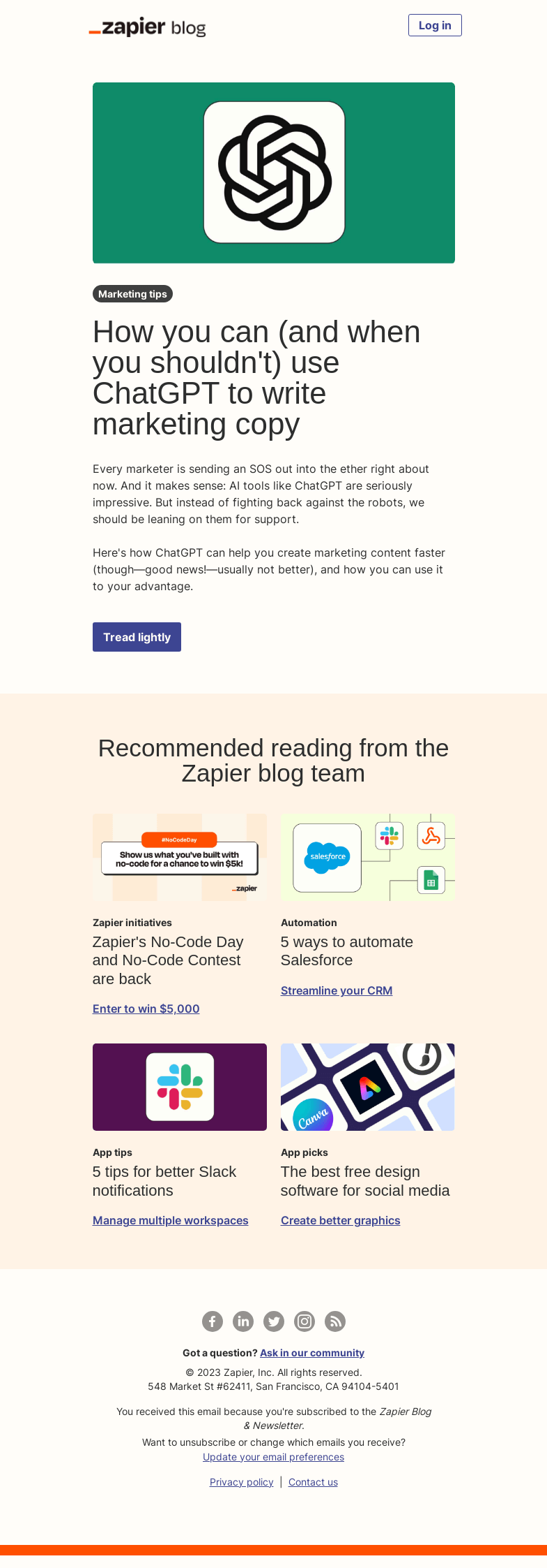 Письмо компании «Zapier» на тему «Should ChatGPT write marketing copy?»