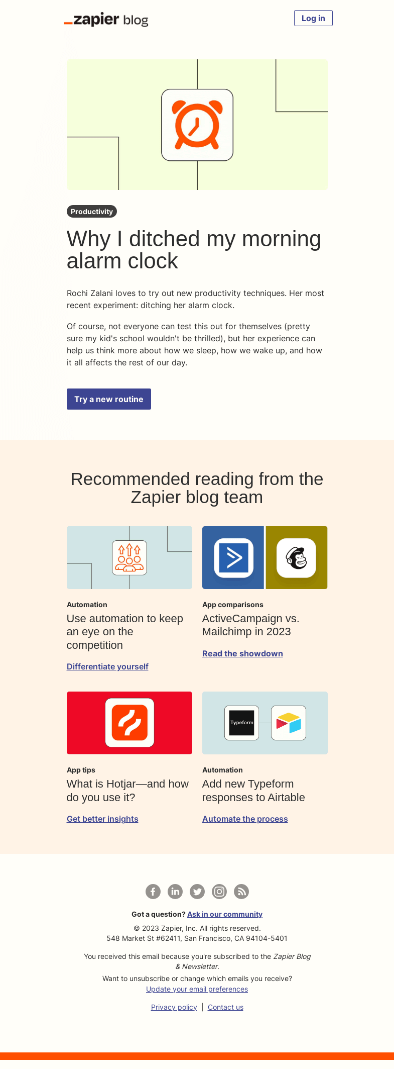 Письмо компании «Zapier» на тему «Should you ditch your alarm?»