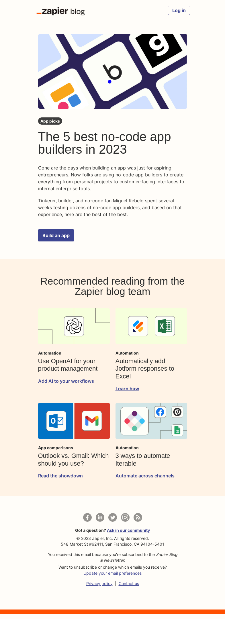 Письмо компании «Zapier» на тему «The best no-code app builders in 2023»